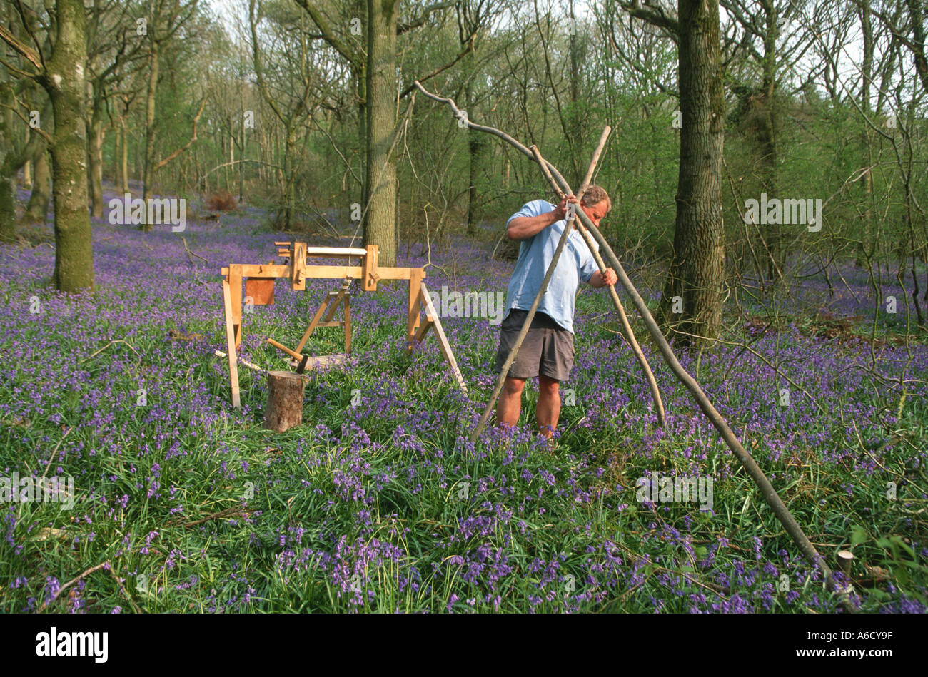 Green wood furniture maker using pole lathe in bluebells and hazel