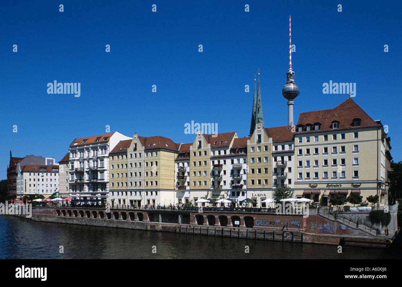 Europa Europe Germany Deutschland Berlin Mitte Nikolaiviertel Nikolai Nicolai Viertel Quarter Fernsehturm Television Tower Spree Stock Photo
