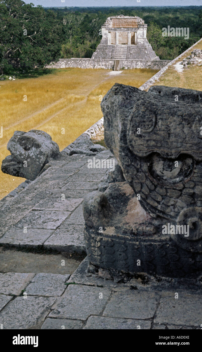 MAYA SERPENT CARVINGS built into RUINS of BALL COURT in CHICHEN ITZA