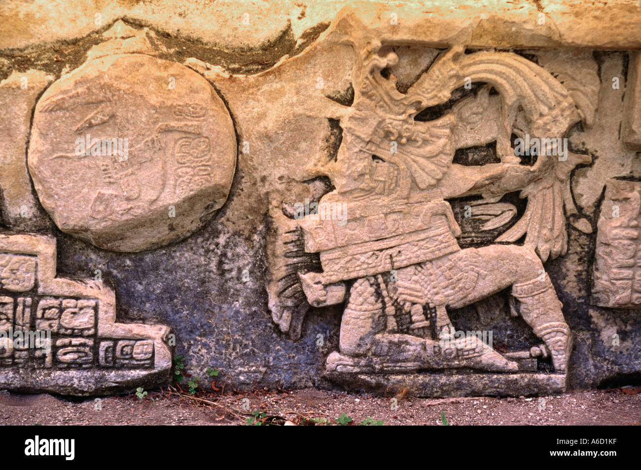 MAYA carving featuring BALL PLAYER rolling losing opponent down temple steps YAXCHILAN RUINS MEXICO Stock Photo
