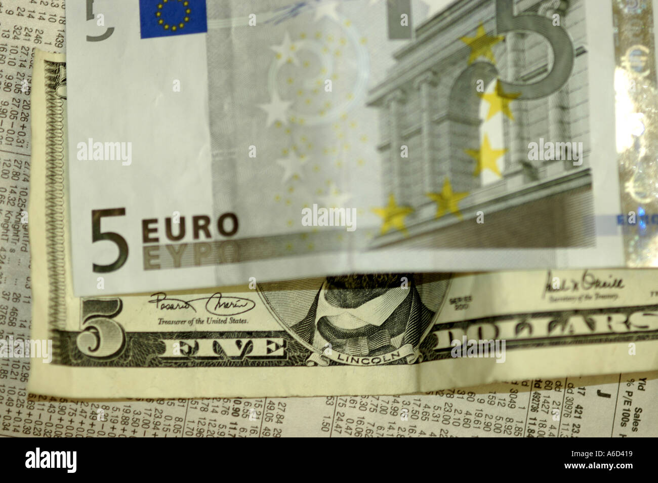 A 5 Euro Dollar Bill And A 5 US Dollar Bill Stock Photo Alamy
