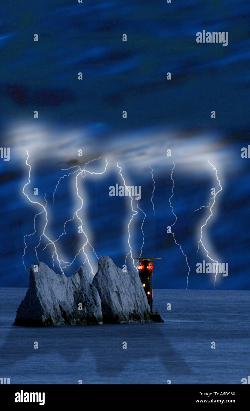 The Needles Light House Isle of Wight England Lightning Storm Stock Photo -  Alamy