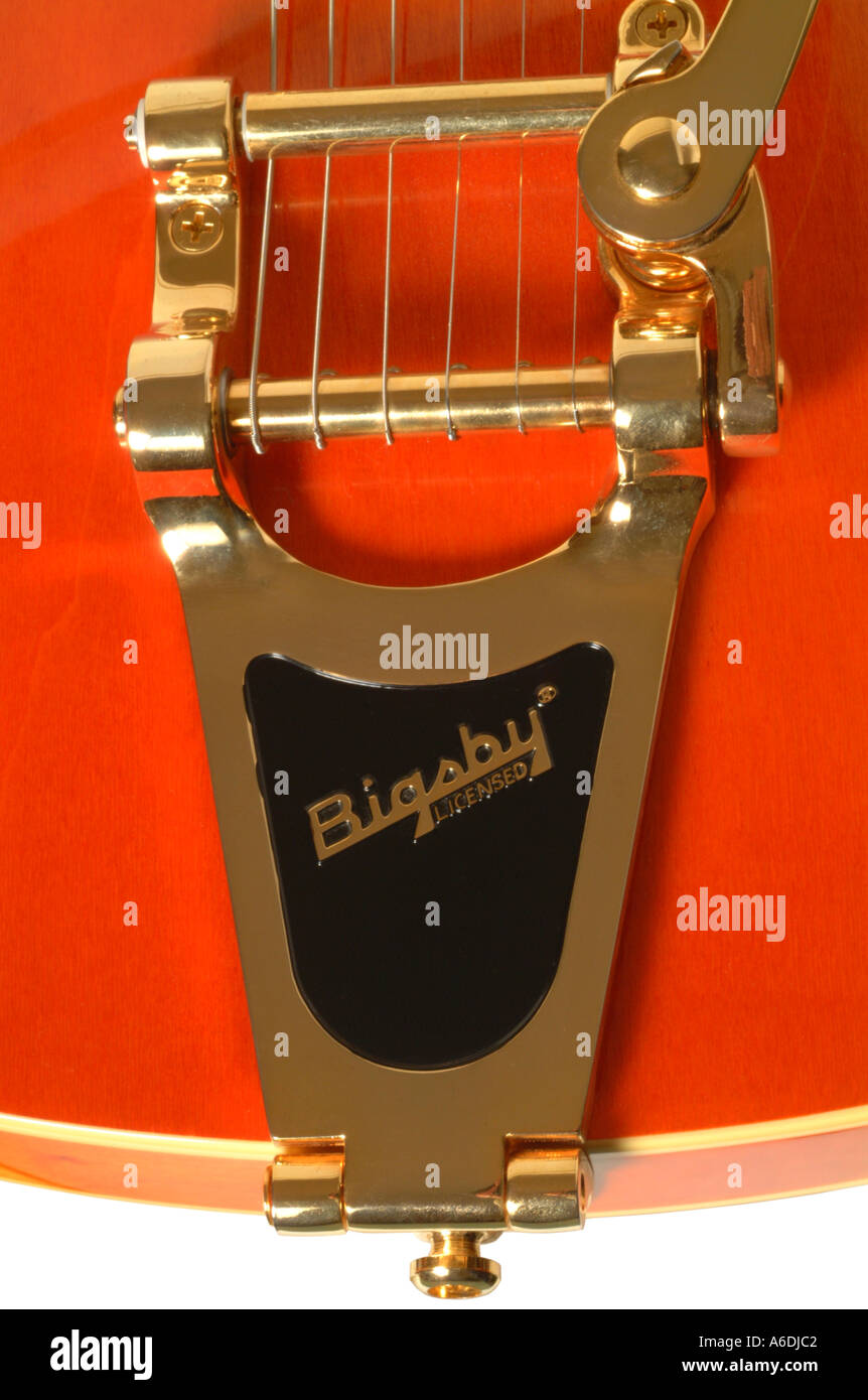 cort bigsby tremolo semi acoustic detail guitar studio cutout cut out white background knockout dropout Stock Photo