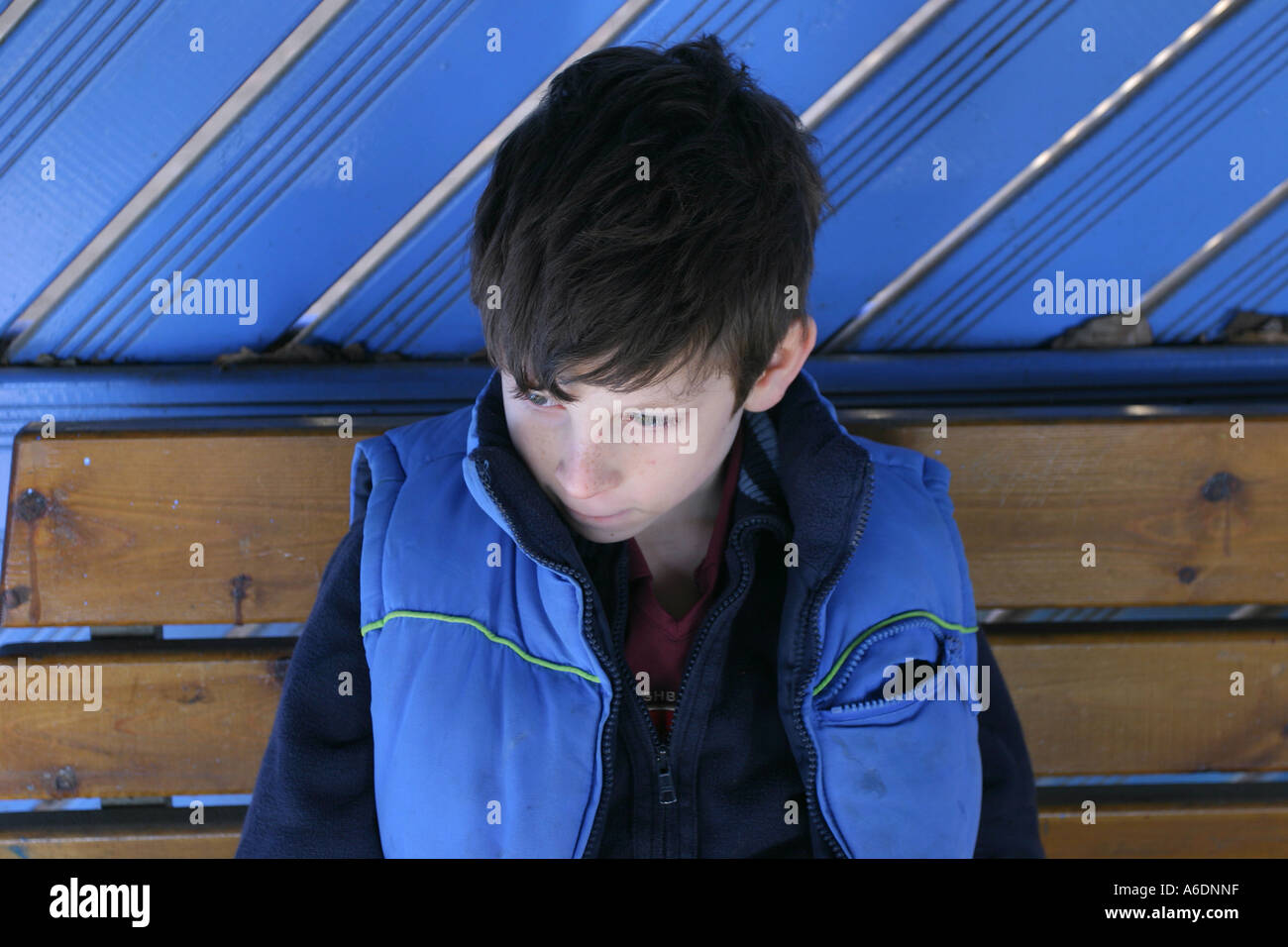 A eight-year old boy resting on a park bench, Highgate Woods, London, UK. Stock Photo