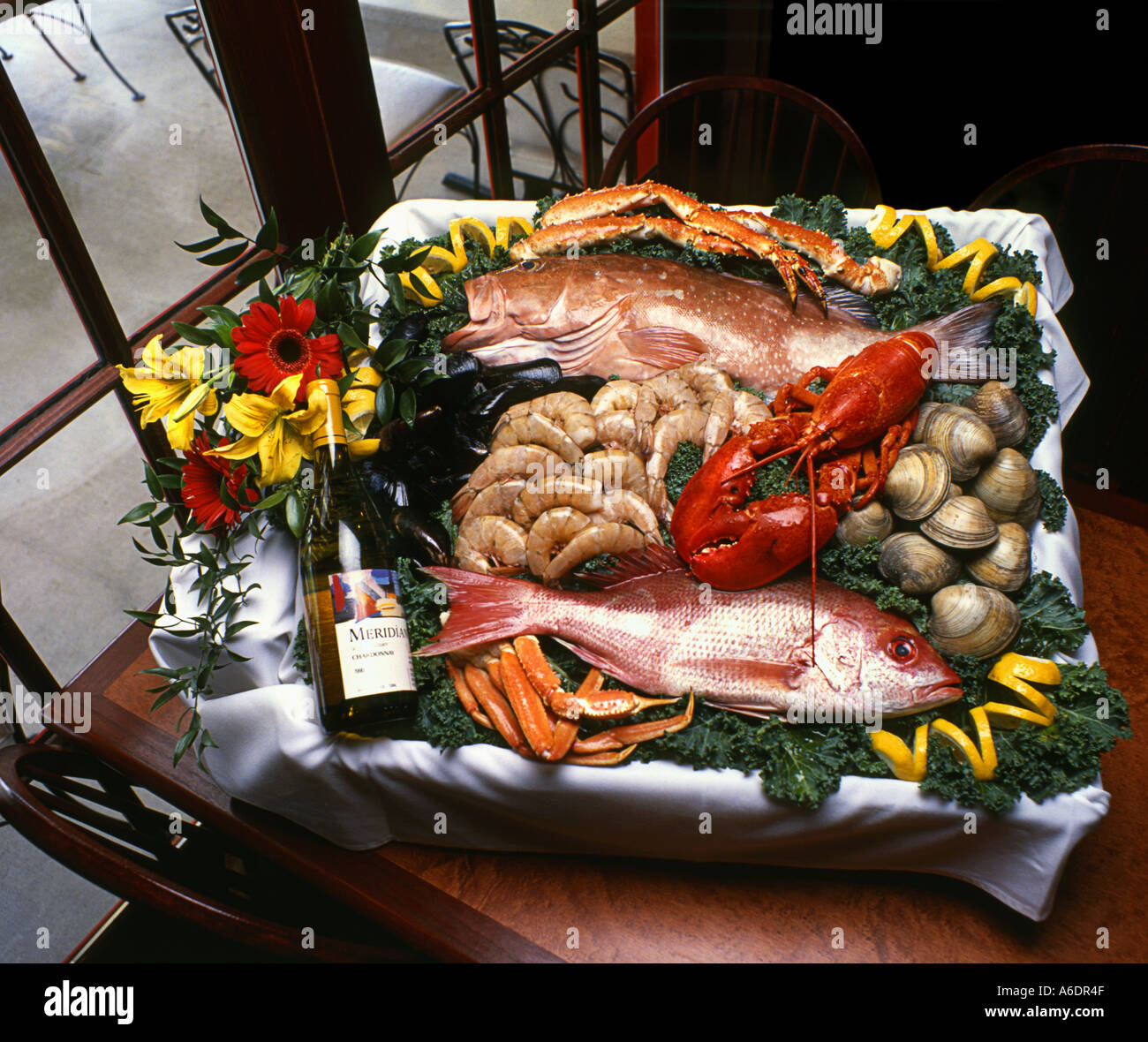 Wine and Seafood Spread Stock Photo Alamy
