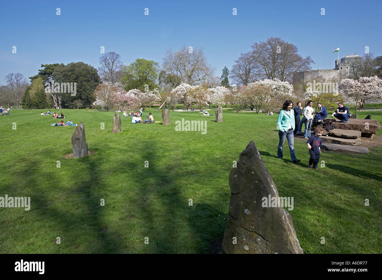 People Relaxing around the Gorsedd Stone Circle in Bute Park, Cardiff
