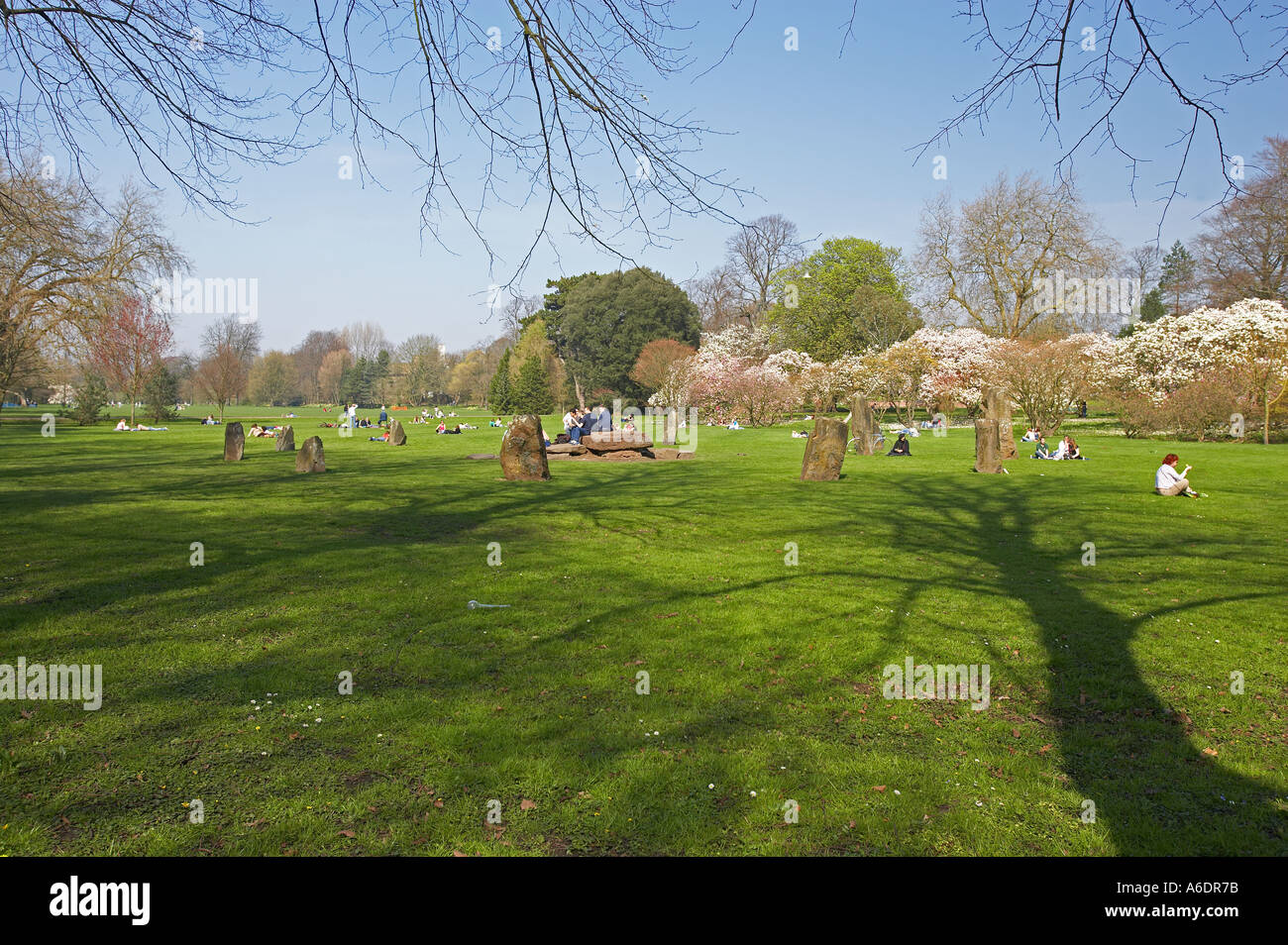 People Relaxing around the Gorsedd Stone Circle in Bute Park, Cardiff