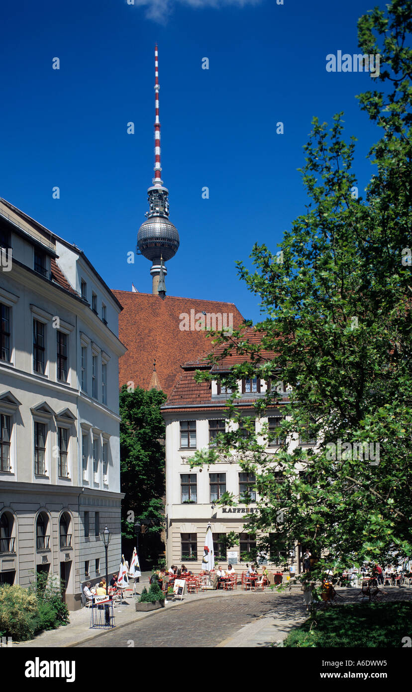 Europa Europe Germany Deutschland Berlin Mitte Nikolaiviertel Nicolai Quarter  Fernsehturm Television Tower Stock Photo