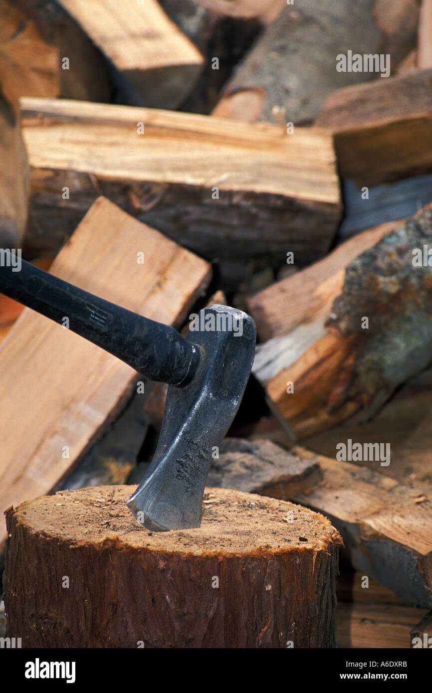 Splitting maul in chopping block with pile of split firewood Stock Photo