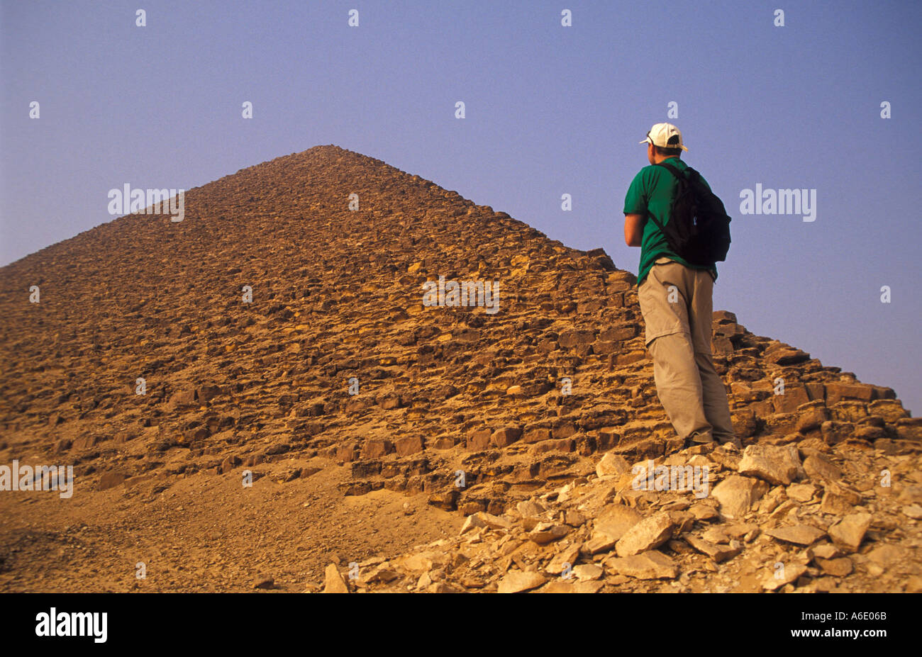 Western Tourist in Front of the Dashour Pyramid in Egypt Stock Photo