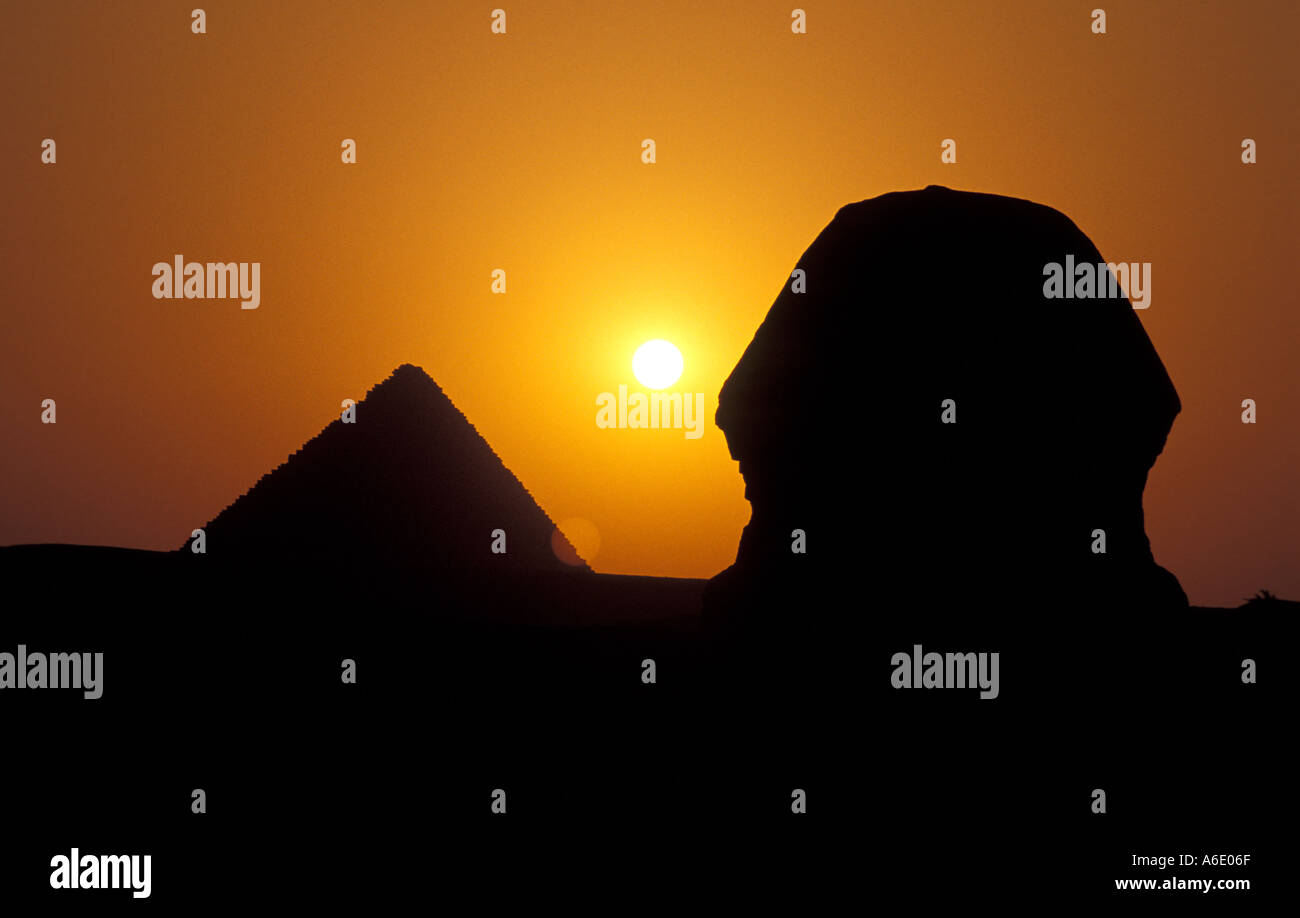 The Sphinx and Pyramids of Giza at Sunset, Egypt Stock Photo