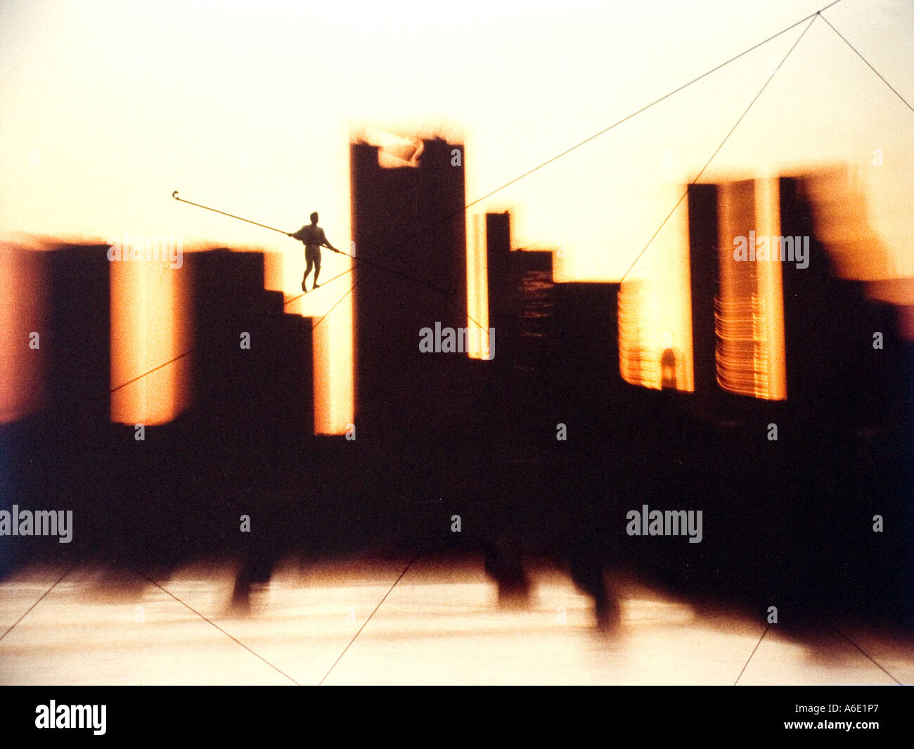 Germany, Frankfurt, 30.06.1992 Skyline with rope dancer Philippe Petit - photo montage Stock Photo