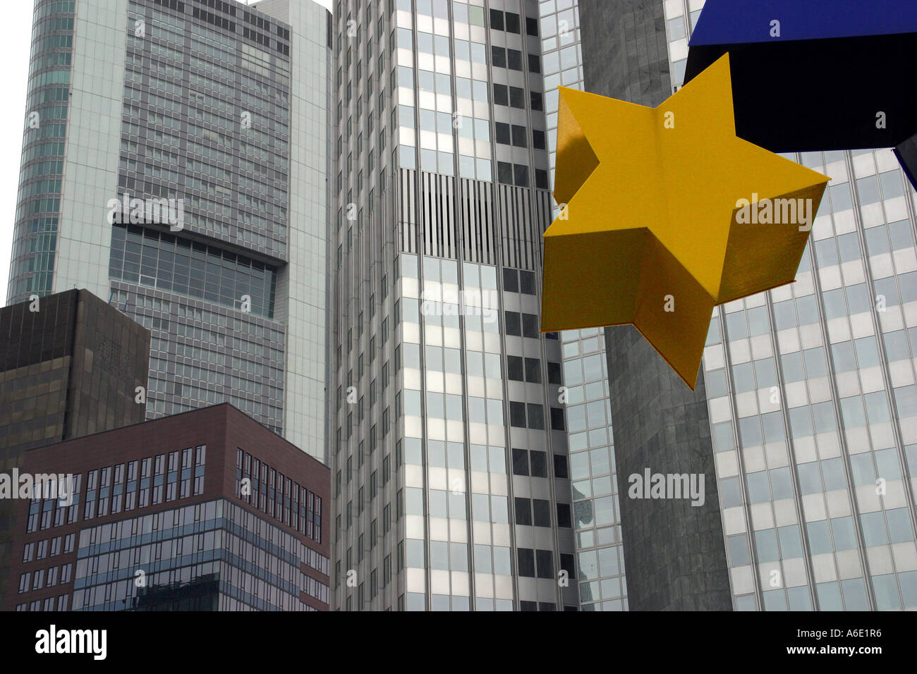 DEU, Germany euro star of the euro symbol before the EZB in the background the EZB - Eurotower and Commerbank Stock Photo