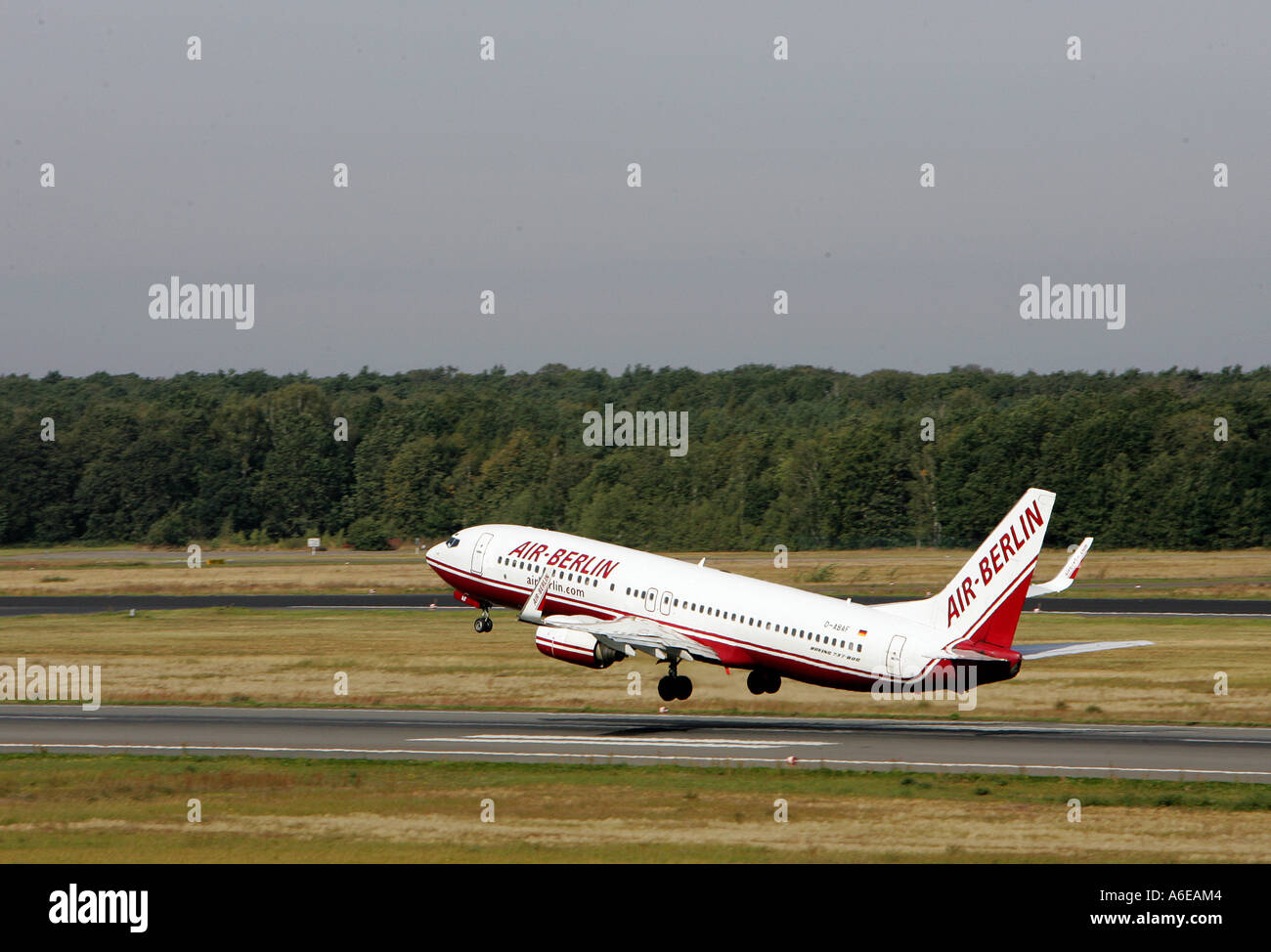 Air Berlin airplane starts at Tegel airport, Berlin Stock Photo