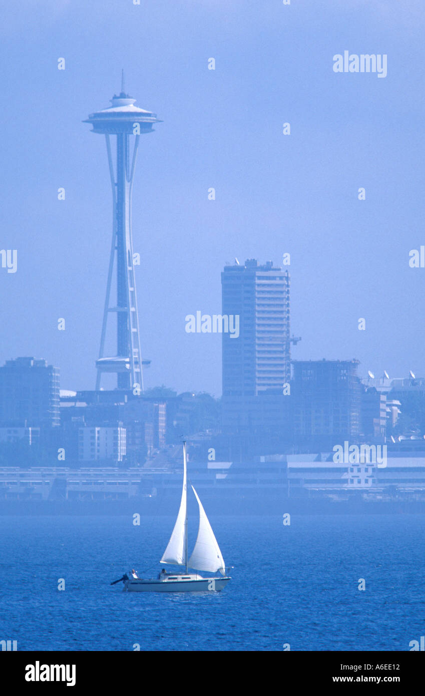Sail boat in Elliott Bay with the Seattle Space Needle in background