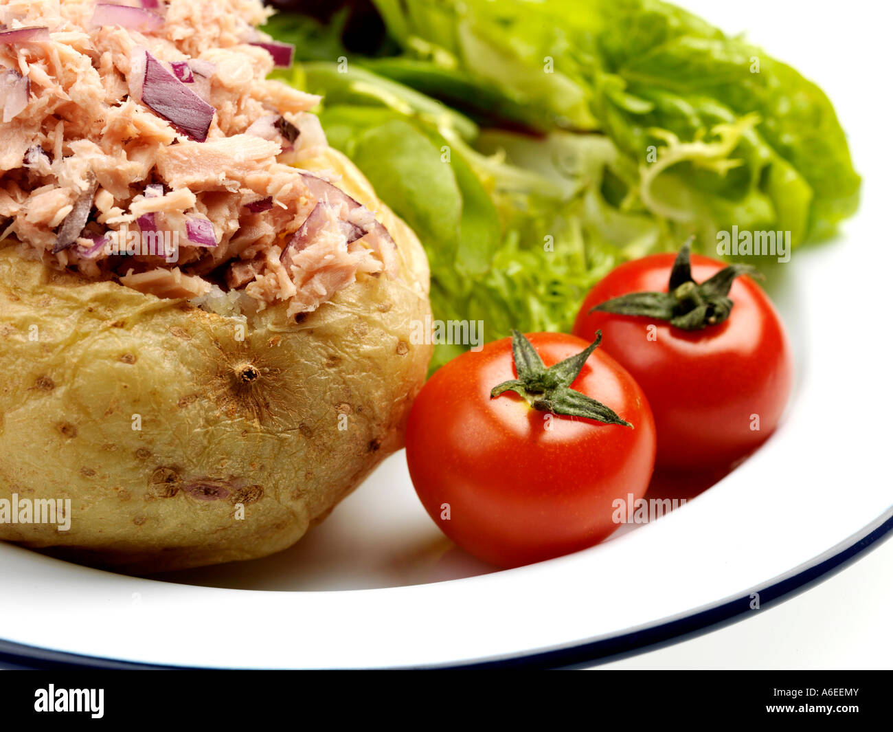 Freshly Cooked Healthy Jacket Potato With Tuna Red Onion And Salad