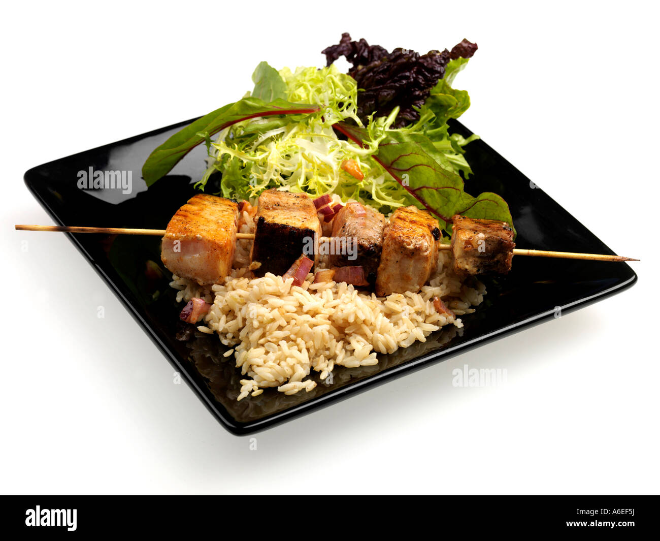 Freshly Cooked, Grilled Or BBQ Spicy Swordfish Kebabs With Rice And
