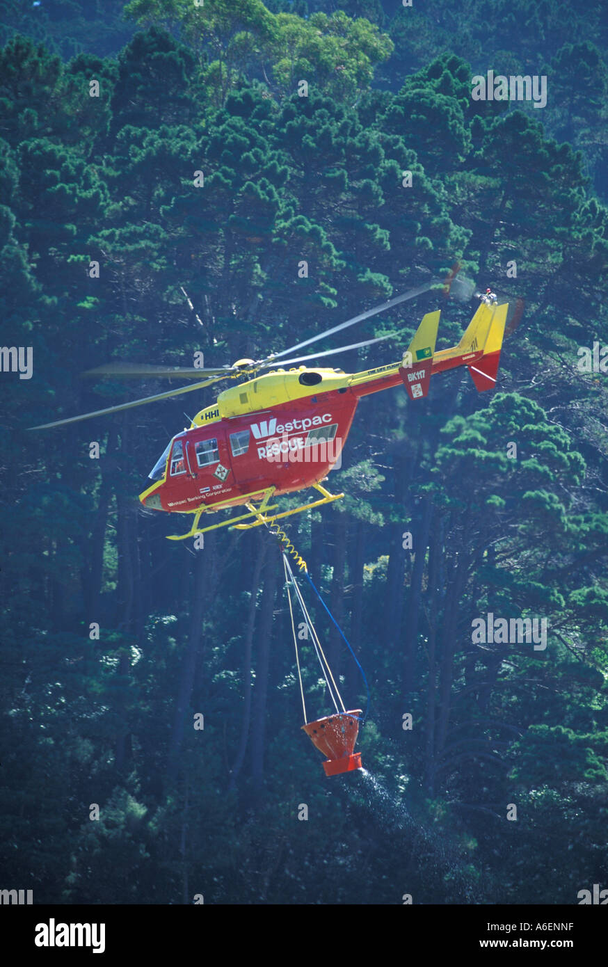 The Westpac Rescue Helicopter with monsoon bucket fights a fire in Wellington New Zealand Stock Photo