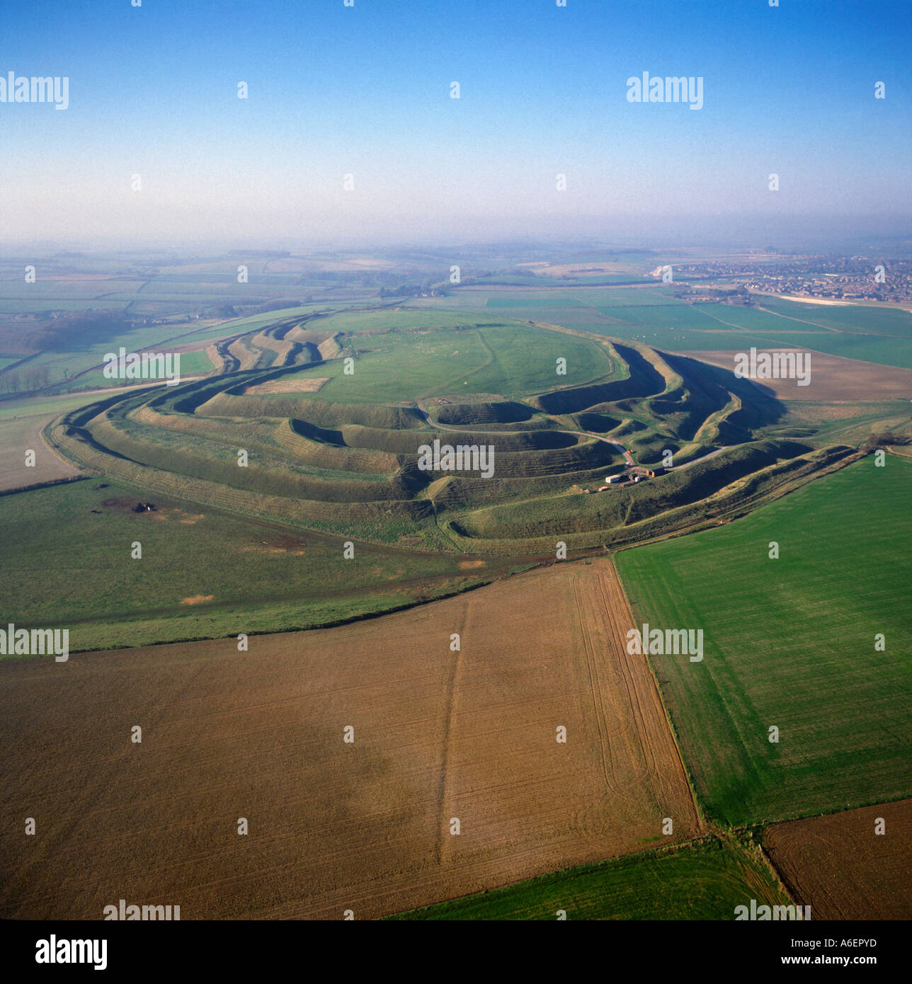 Maiden Castle Iron Age hill fort Dorset UK aerial view Stock Photo