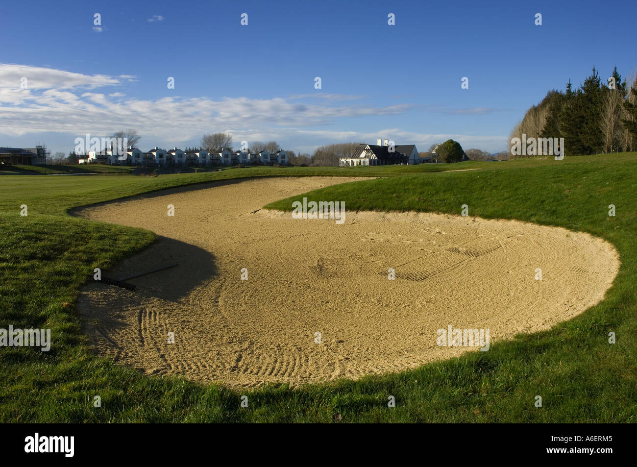 Sand trap at Clearwater Golf Club and Resort, Christchurch New Zealand Stock Photo