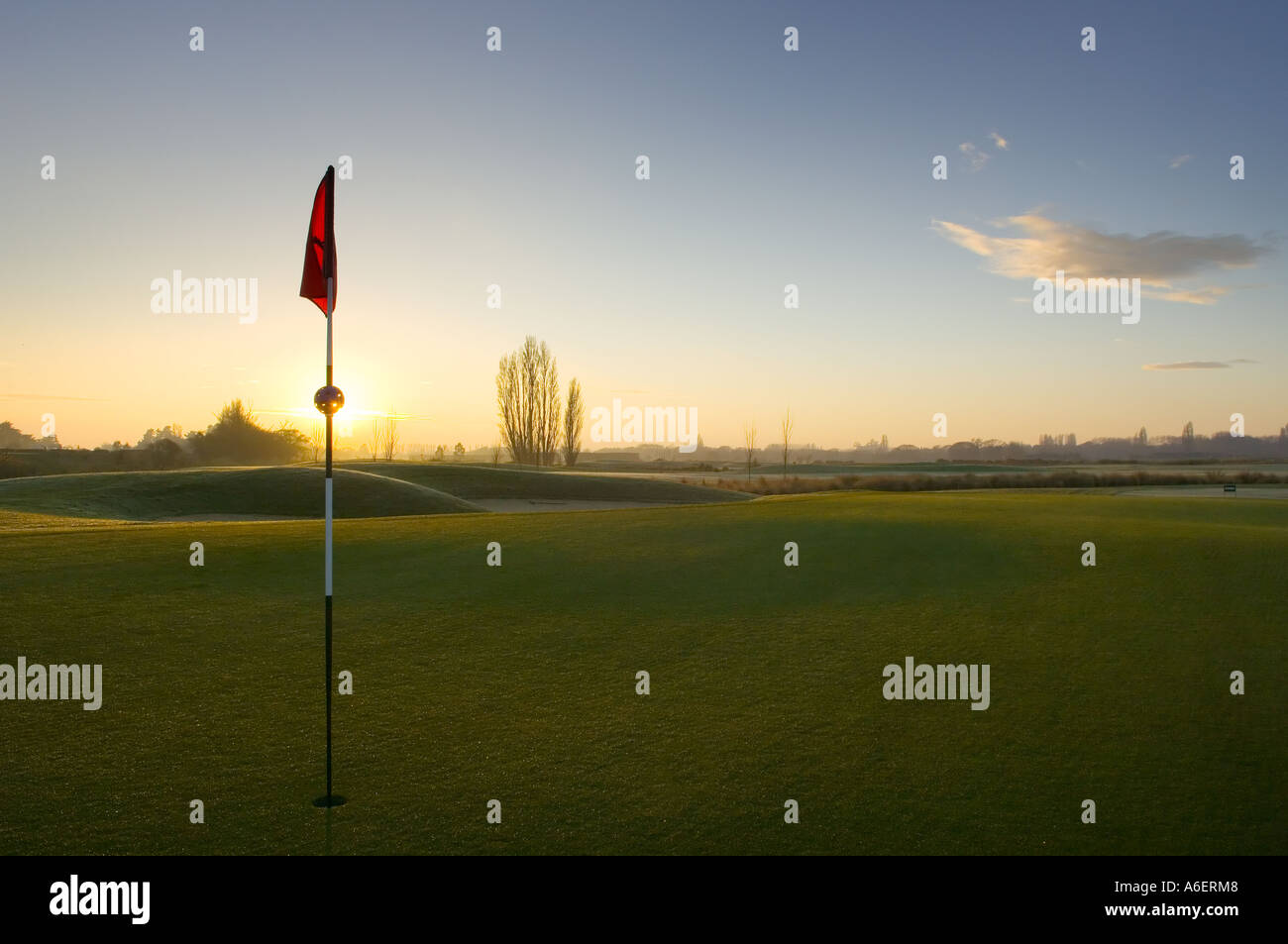 Early morning on a green at Clearwater Golf Club and Resort, Christchurch, New Zealand Stock Photo