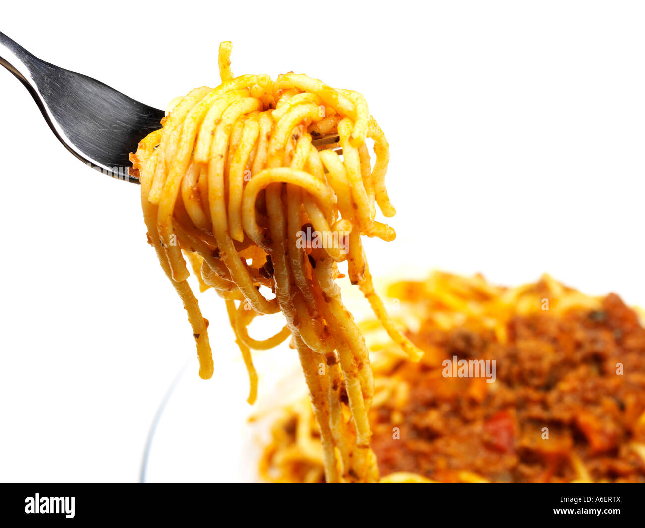 Fresh Italian Style Cooked Spaghetti Bolognese Pasta Meal Isolated Against A White Background With A Clipping Path And No People Stock Photo