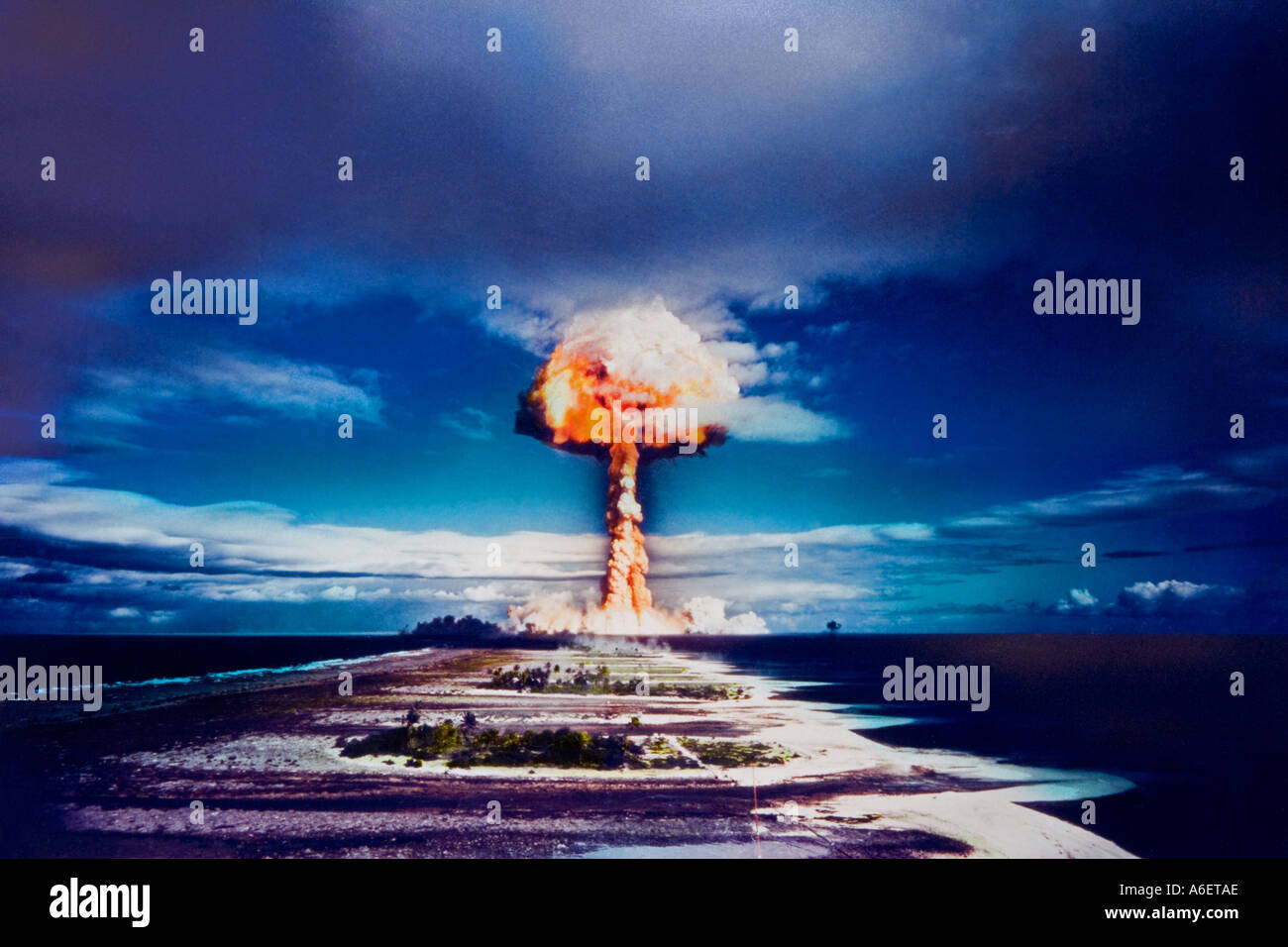 Nuclear bomb explosion over Mururoa atoll, French Polynesia, Pacific Ocean Stock Photo