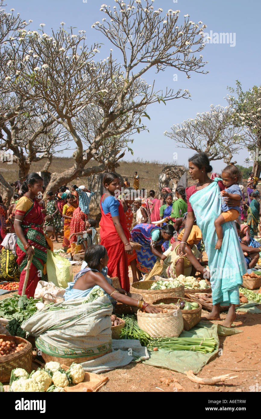 Frangipani trees form an exotic background to the colourful Desia ,Paraja and Mali tribal women's weekly barter market Orissa Stock Photo