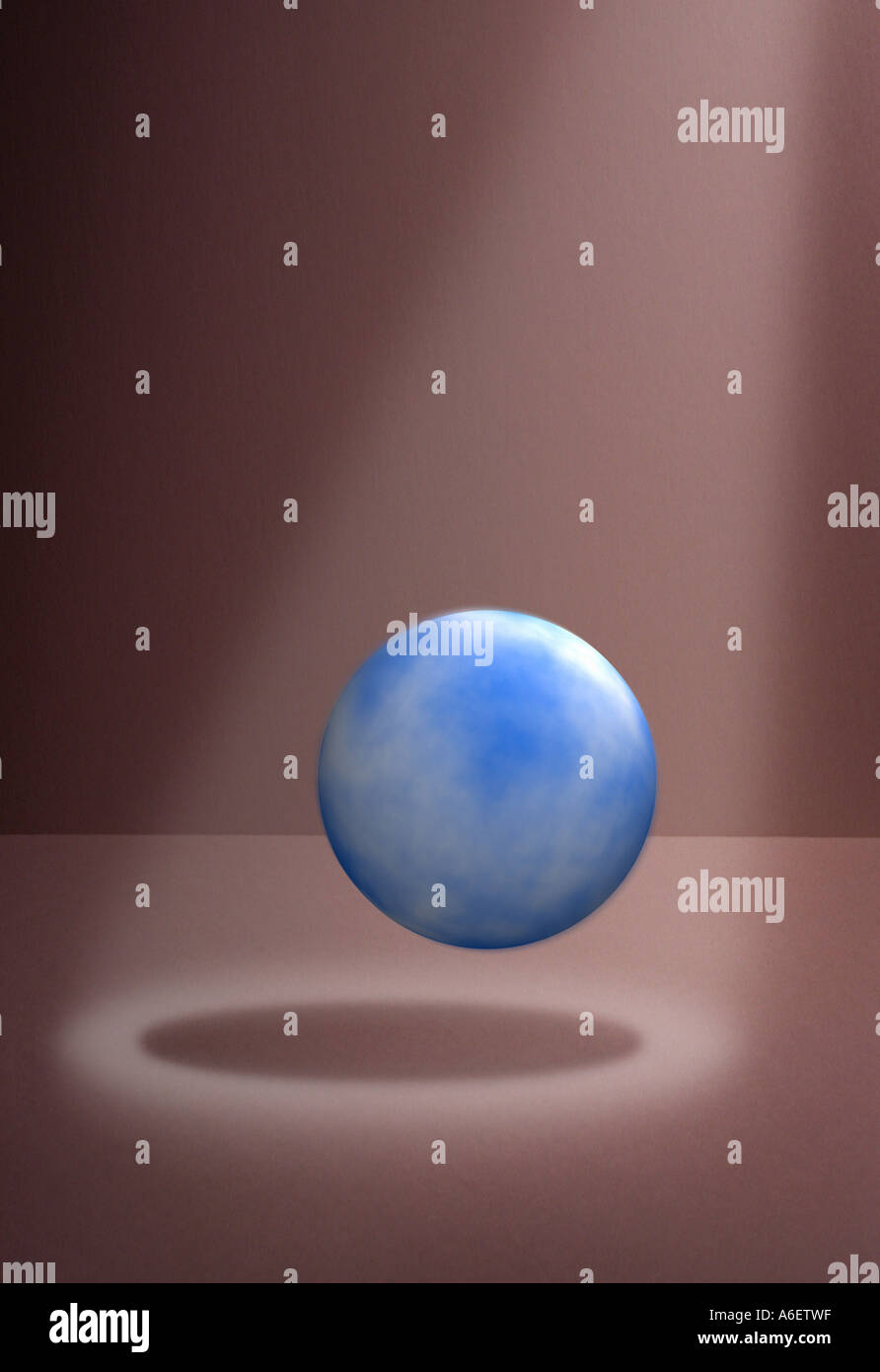 Digital illustration of globe representing planet Earth hovering above flat surface illuminated by a single beam of light Stock Photo