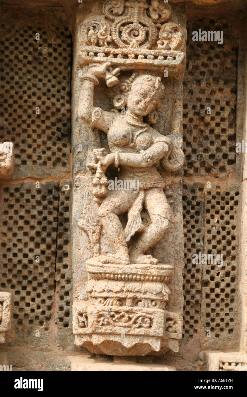 Fine detailed sculpture of a dancer on a wall at the Konark Sun Temple ,Bay of Bengal Orissa India Stock Photo