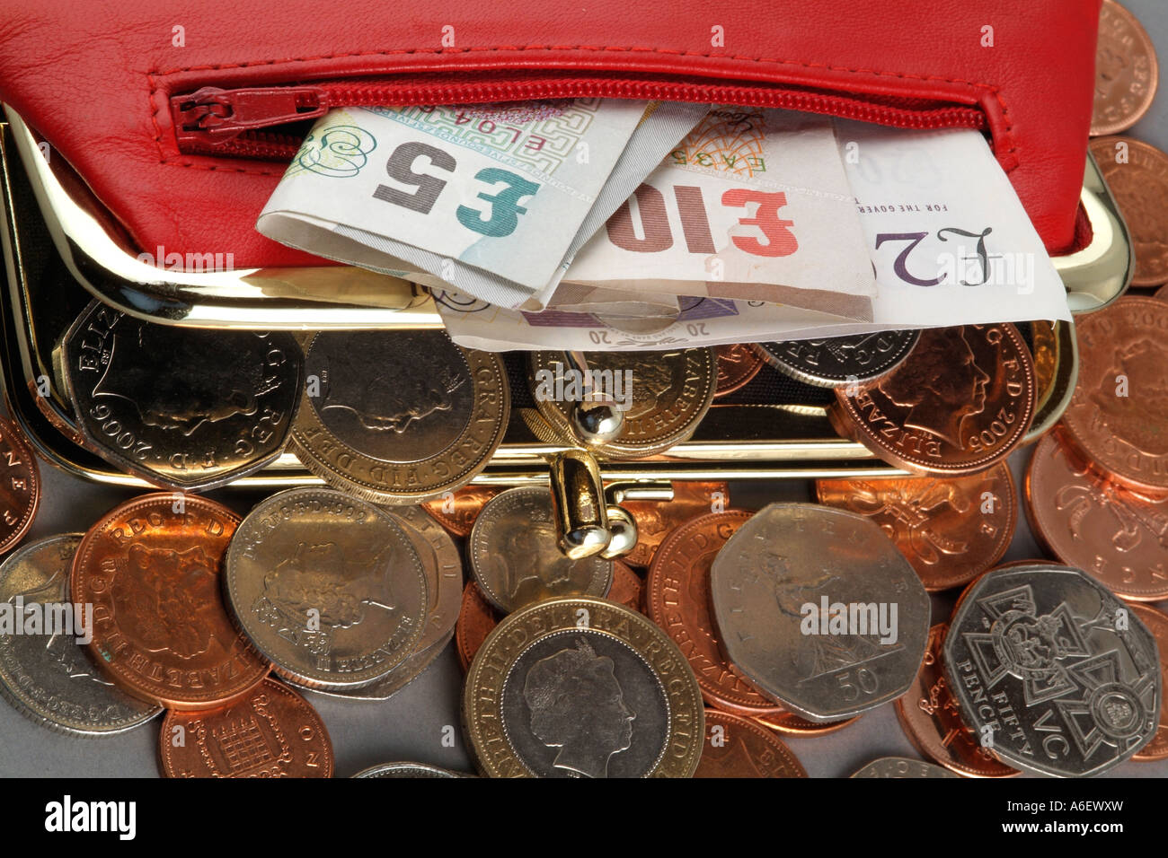 Money and a red leather purse Cash Loose change Silver and copper