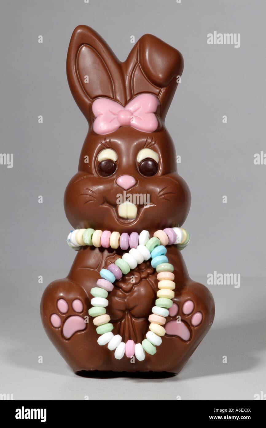 Chocolate Easter Rabbit Chocolate bunny with a necklace of sweets Stock Photo Alamy