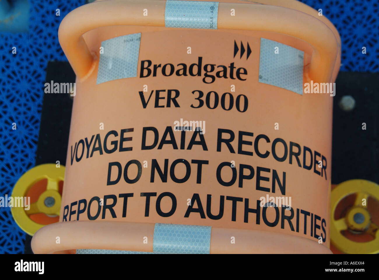 Voyage data recorder on deck of cruise ship acts similar way to a black box flight recorder records shipping incidents at sea Stock Photo