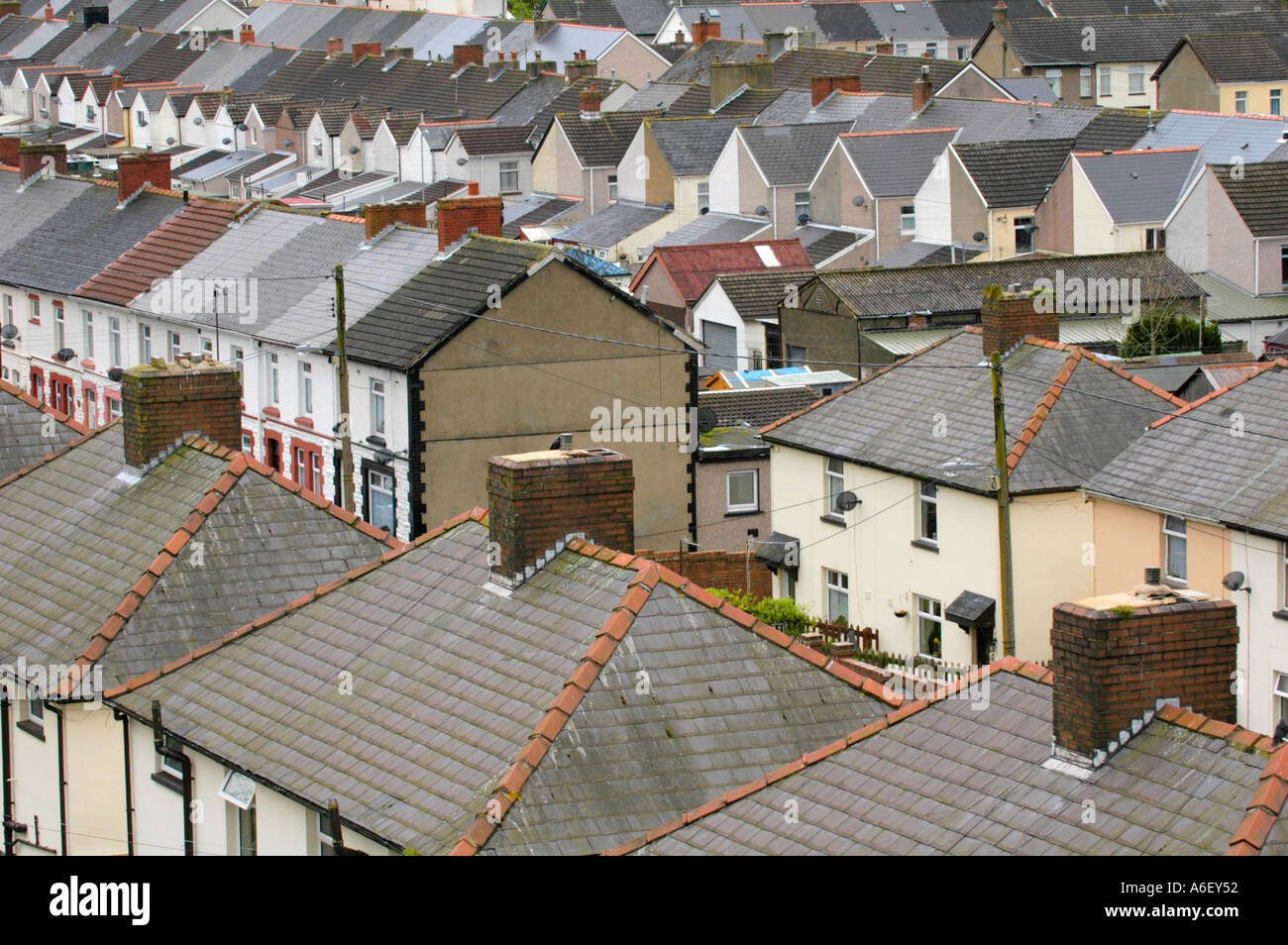View of terraced houses in village of Cwm near Ebbw Vale, Blaenau Gwent