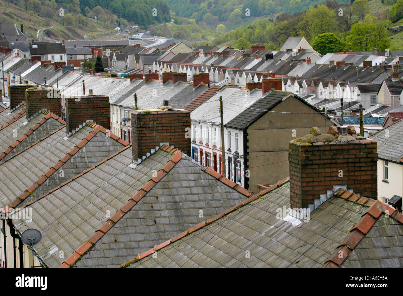 View over rooftops of terraced and semi detached houses in village of Cwm Blaenau Gwent South