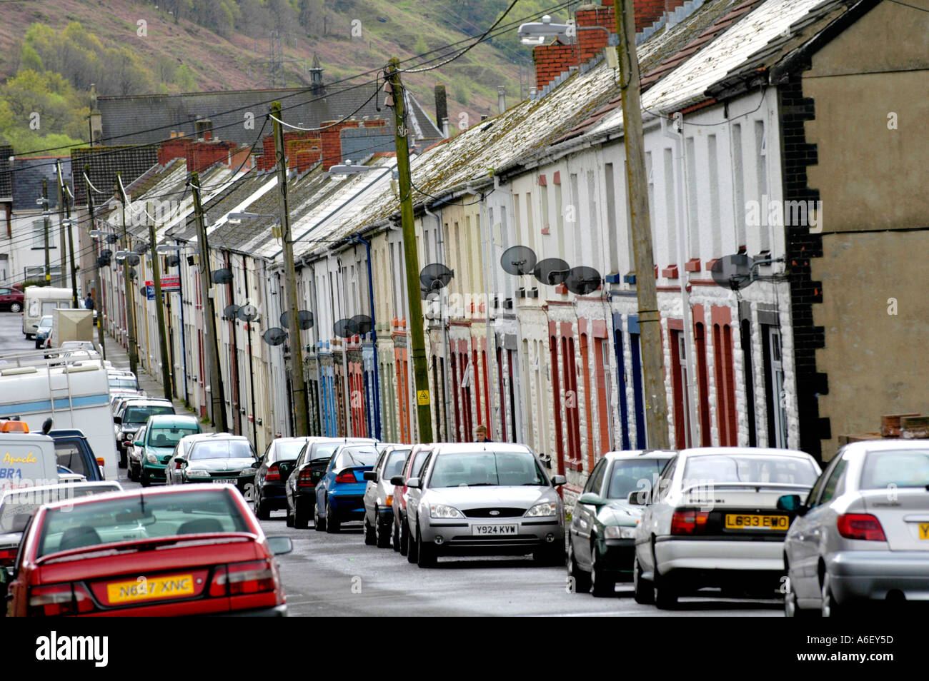 View of terraced houses in village of Cwm near Ebbw Vale, Blaenau Gwent