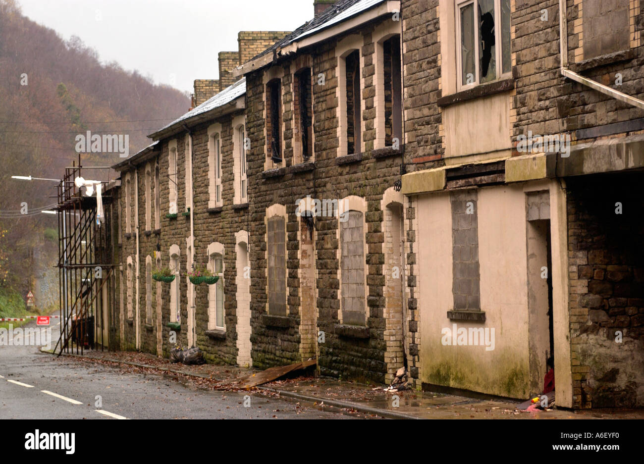 Terrace of burnt out derelict houses at Llanhilleth Blaenau Gwent South