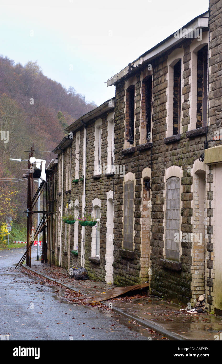 Terrace of burnt out derelict houses at Llanhilleth Blaenau Gwent South