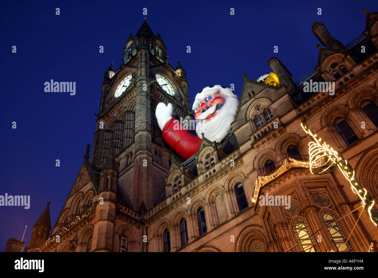 Santa on Manchester Town Hall Stock Photo Alamy