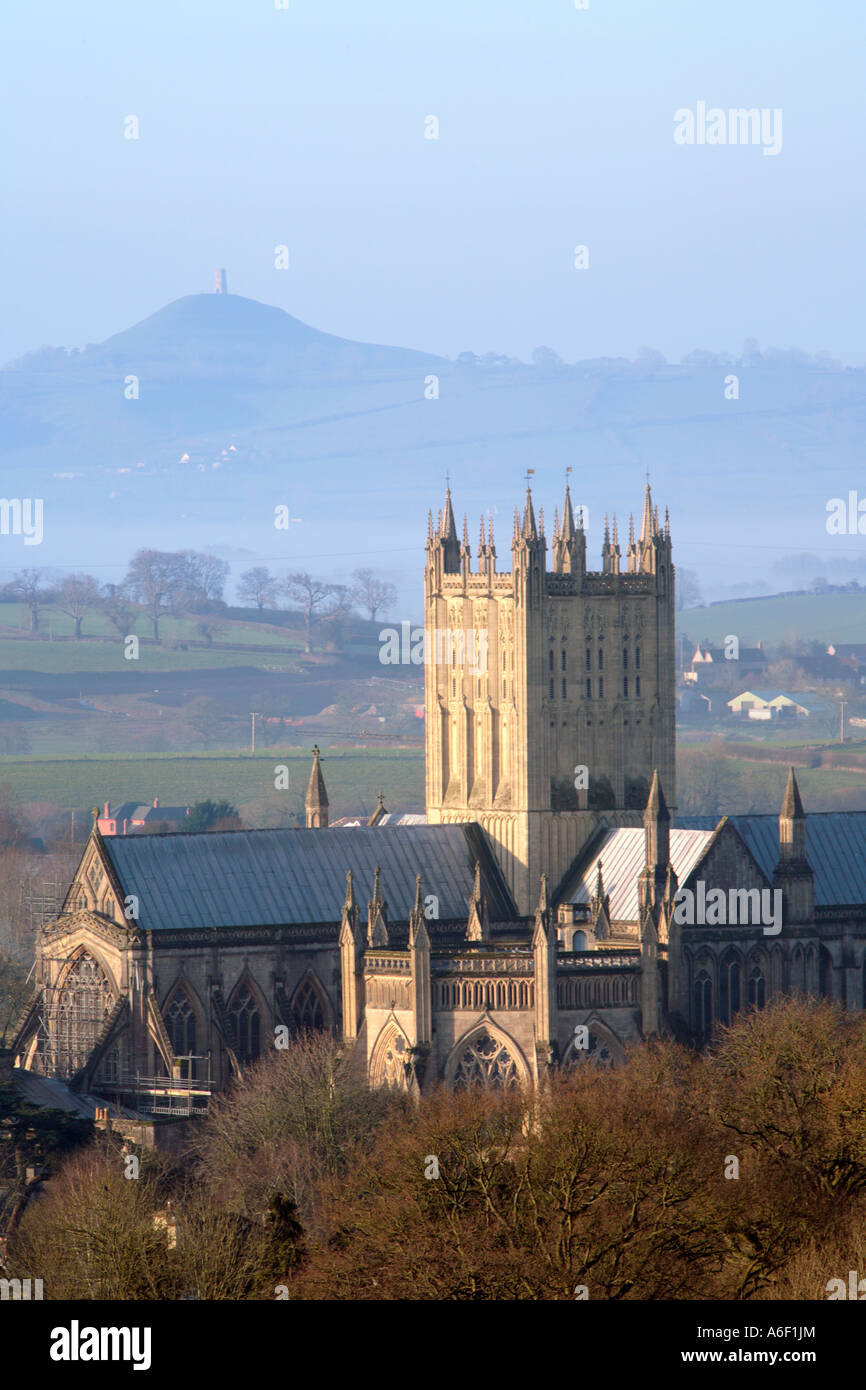 Wells Cathedral with Glastonbury Tor in the Distance. Spring. Somerset. England. UK. Stock Photo