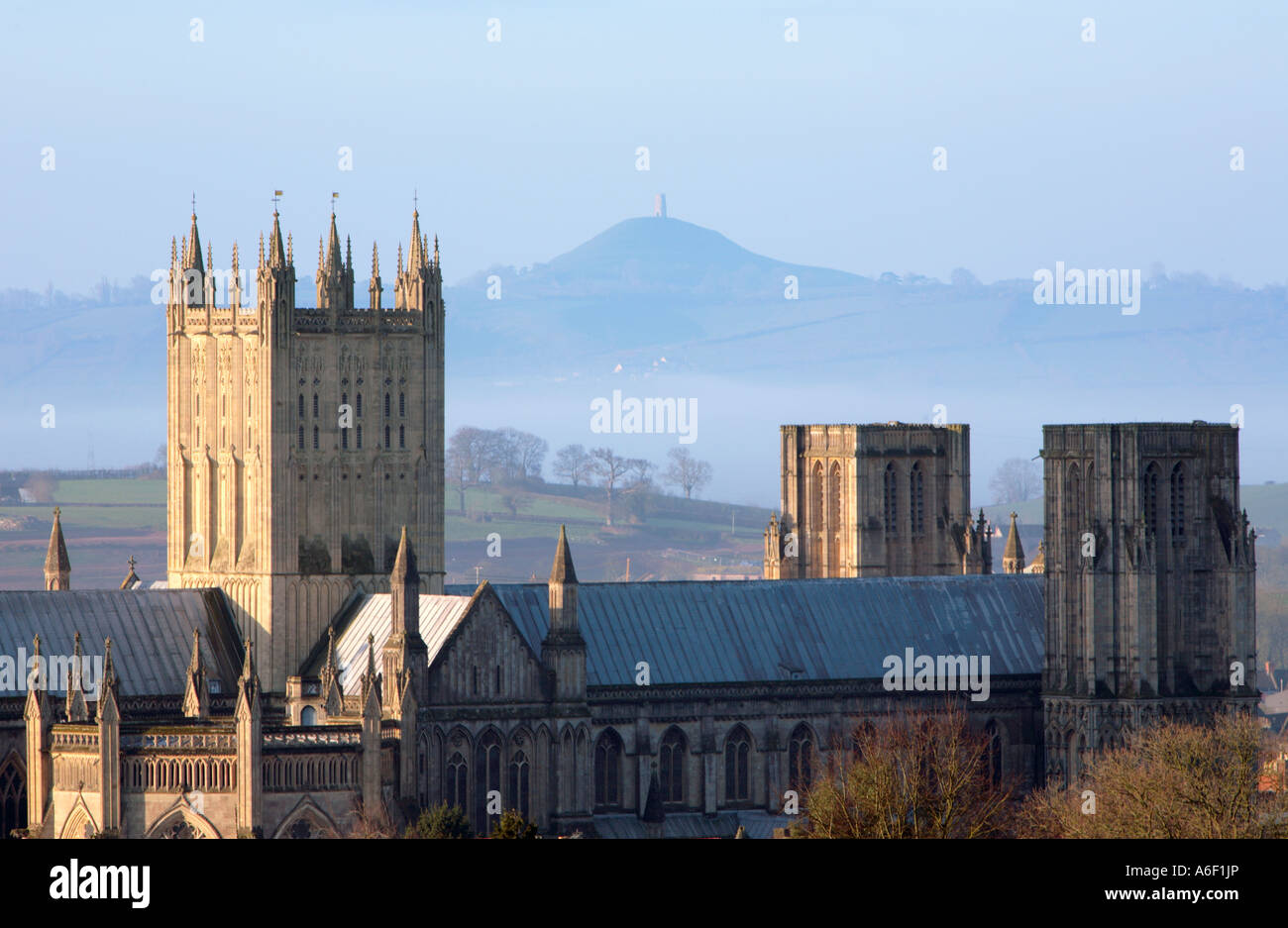Wells Cathedral with Glastonbury Tor in the Distance Somerset England Stock Photo