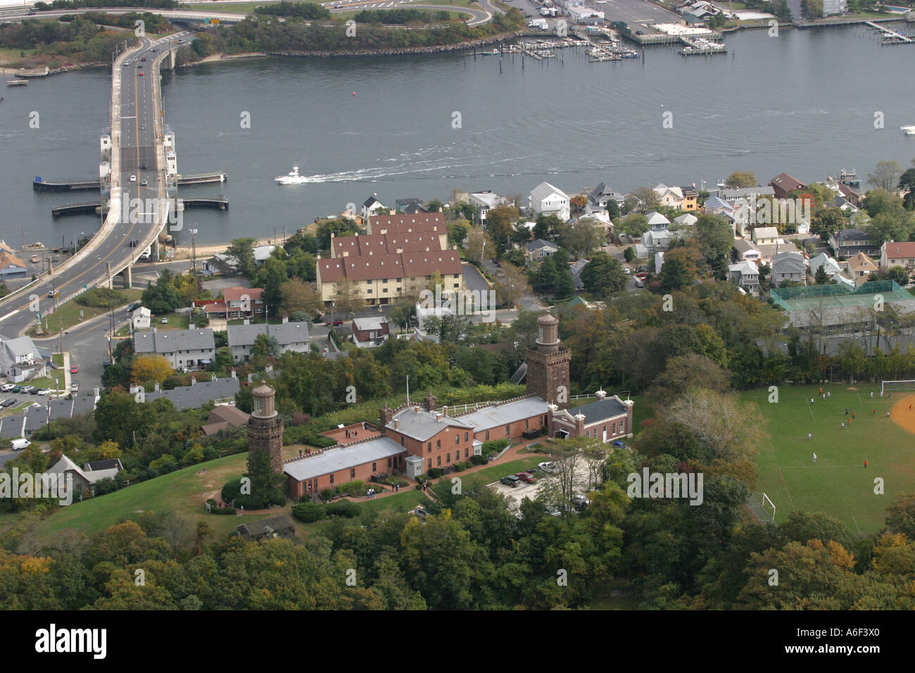 Aerial view of Twin Lights State Historic Site located in Atlantic