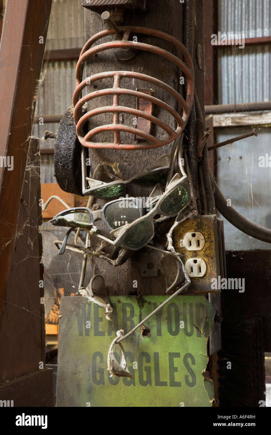 Safety glasses & equipment at an old foundry, California Stock Photo