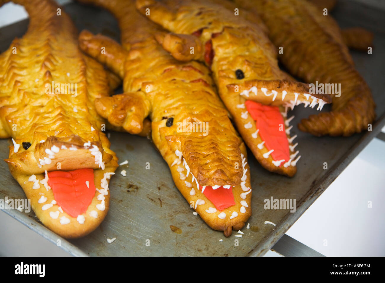 BELIZE Ambergris Caye Bakery items displayed for sale loaves of bread shaped like crocodiles pink and white frosting for teeth Stock Photo