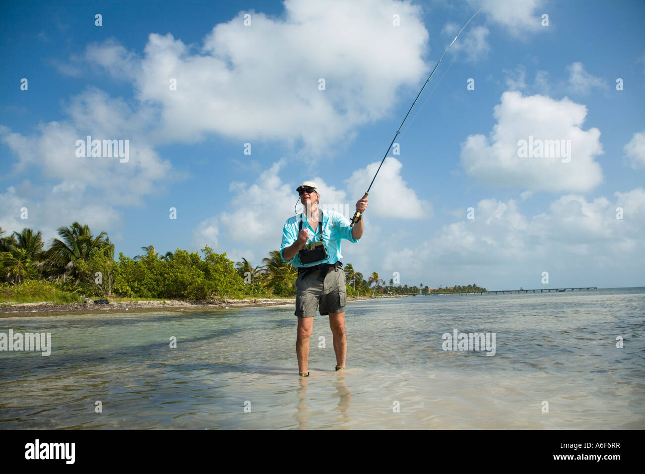 BELIZE Ambergris Caye Adult male fly fishing in flats along shoreline for  bonefish wading boots fly rod and equipment Stock Photo - Alamy
