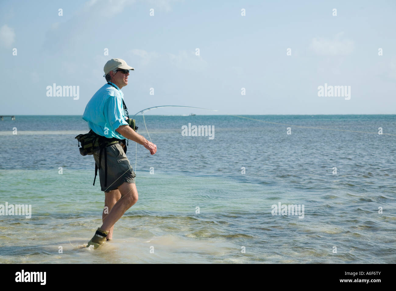 BELIZE Ambergris Caye Adult male fly fishing in flats along shoreline