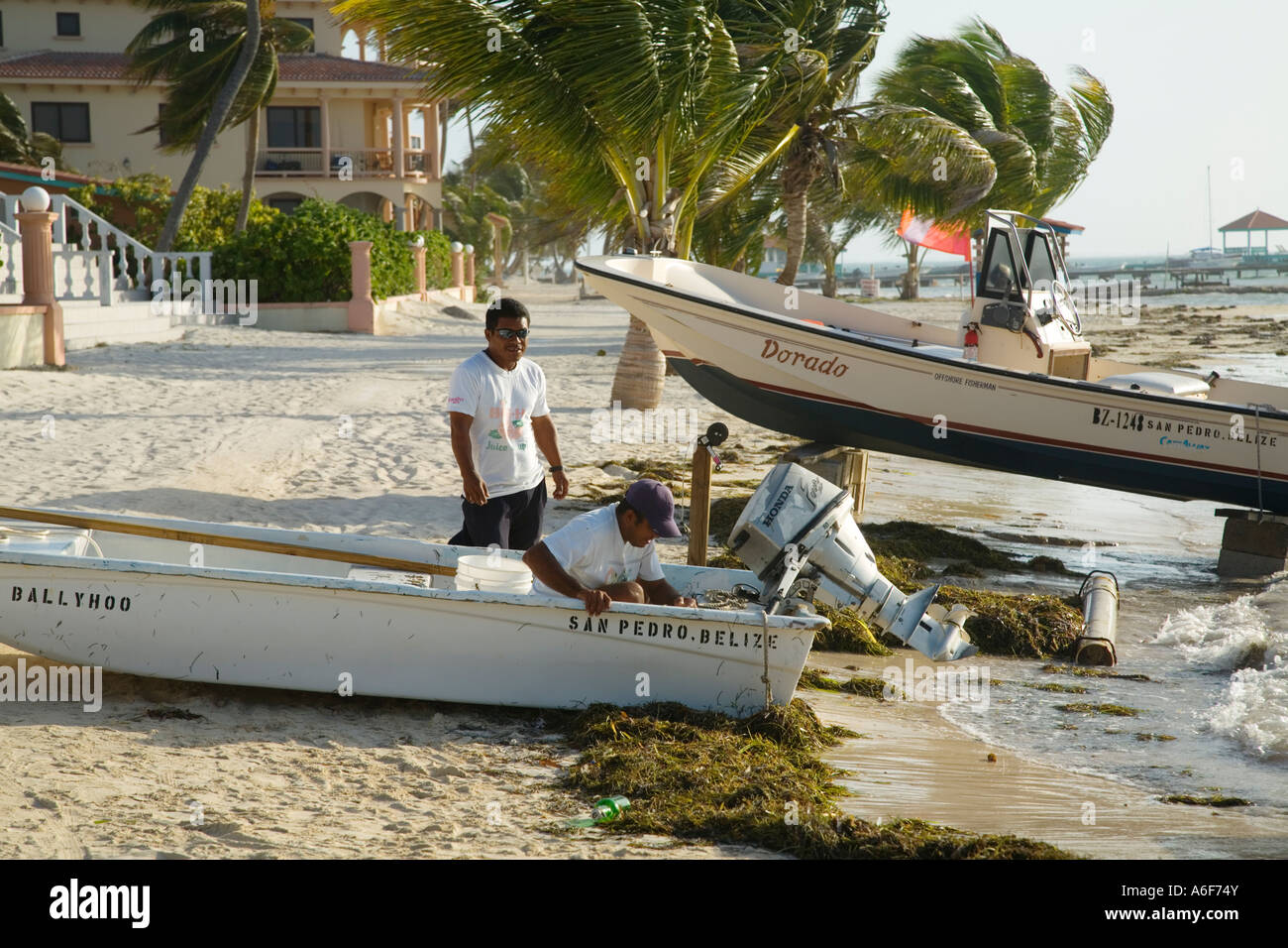 BELIZE Ambergris Caye Two Belizean men repair boat pulled ashore seaweed along shore windy day palm tree Stock Photo