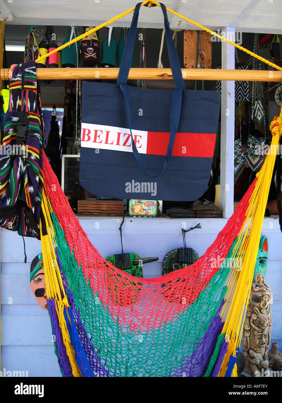 BELIZE Caye Caulker Tote bag hammocks and gift shop items displayed for sale Stock Photo
