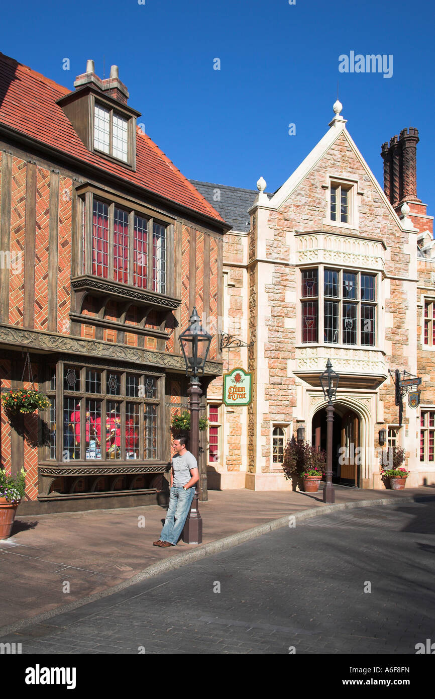 Tourist in street, English section of EPCOT Center, World Showcase, Disney World, Orlando, Florida, USA Stock Photo