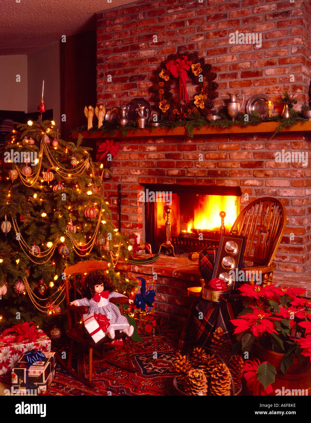 Cheerful Christmas fireplace scene with decorated tree and festive ...
